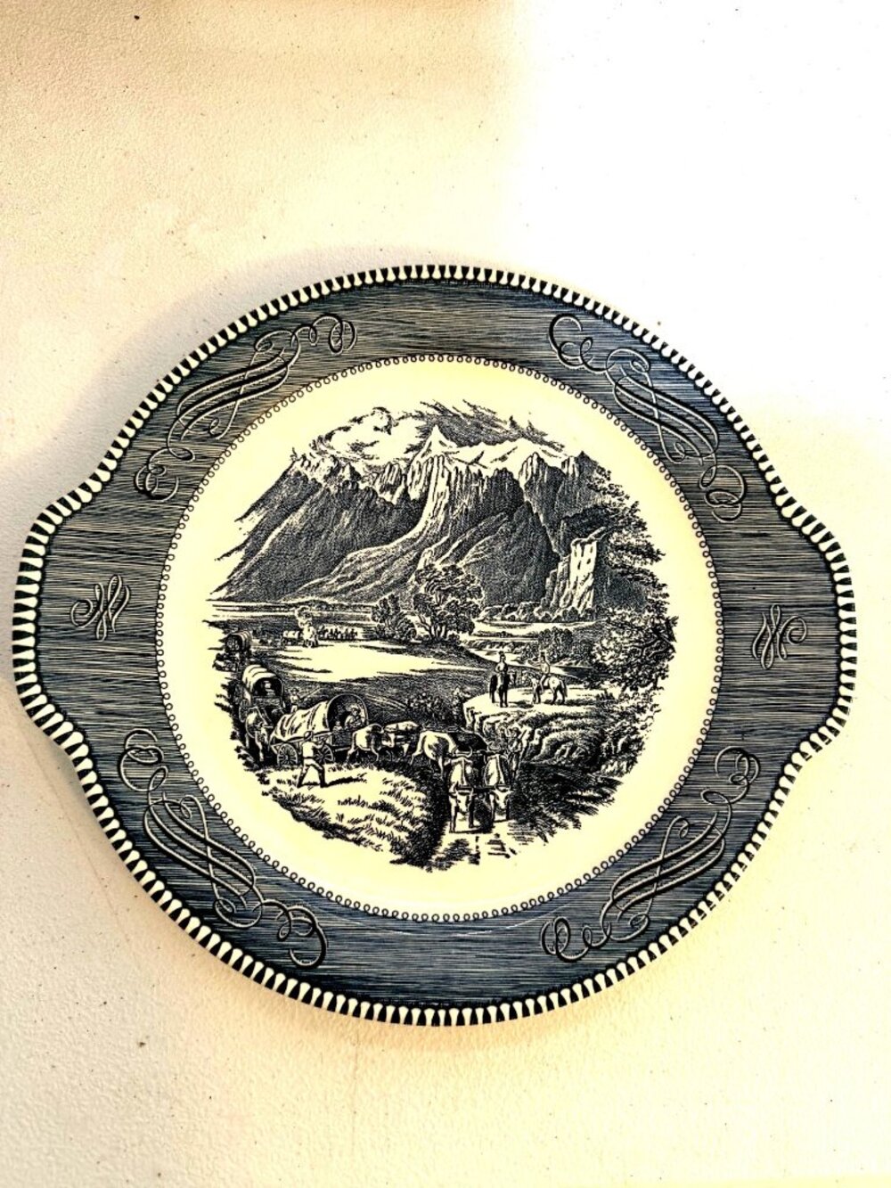 Currier & Ives The Rocky Mountains Blue White 11" Made In USA Transferware